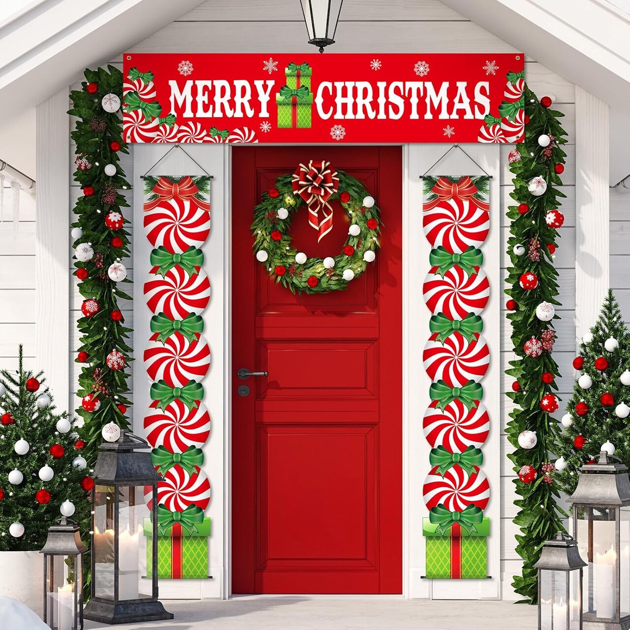 3 Pcs Christmas Decoration Outdoor Porch Sign for Front Yard Hanging Banner,12 x 71 Inch(red green)